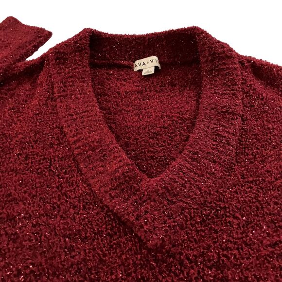 Ava & Viv Plus Size 1X Fuzzy Metallic Burgundy V Neck Sweater sparkles holiday - Picture 2 of 15